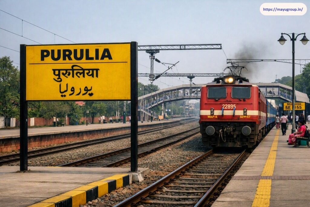 Platform view of Purulia Junction Railway Station showing a large yellow station sign in English, Hindi, and Urdu alongside a red WAP-4 electric locomotive pulling into the platform.