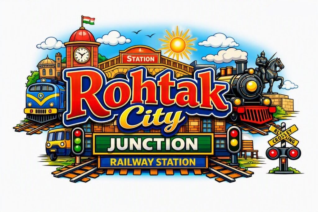 Rohtak Junction Railway Station Colorful cartoon graphic reading "Rohtak City Junction Railway Station" surrounded by trains, an auto-rickshaw, a clock tower with an Indian flag, and a warrior statue under a bright sun.