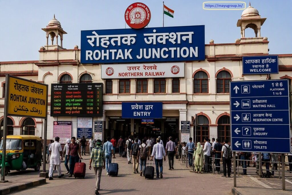 Exterior entrance view of Rohtak Junction Railway Station building featuring decorative chhatris, blue header signage in Hindi and English, a yellow station board, an electronic train schedule display, and commuters walking in the concourse.