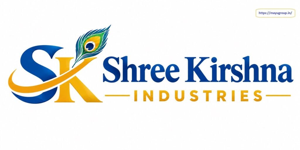 Corporate logo for Shree Kirshna Industries featuring stylized blue and gold "SK" initials adorned with a peacock feather emblem alongside dark blue company typography.