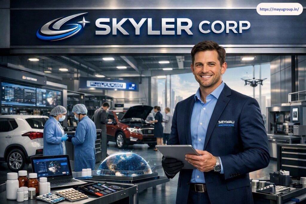 Corporate interior of Skyler Corp showing a professional executive holding a digital tablet, set against a backdrop of technology displays, lab personnel, automotive testing bays, and a prominent corporate logo sign.