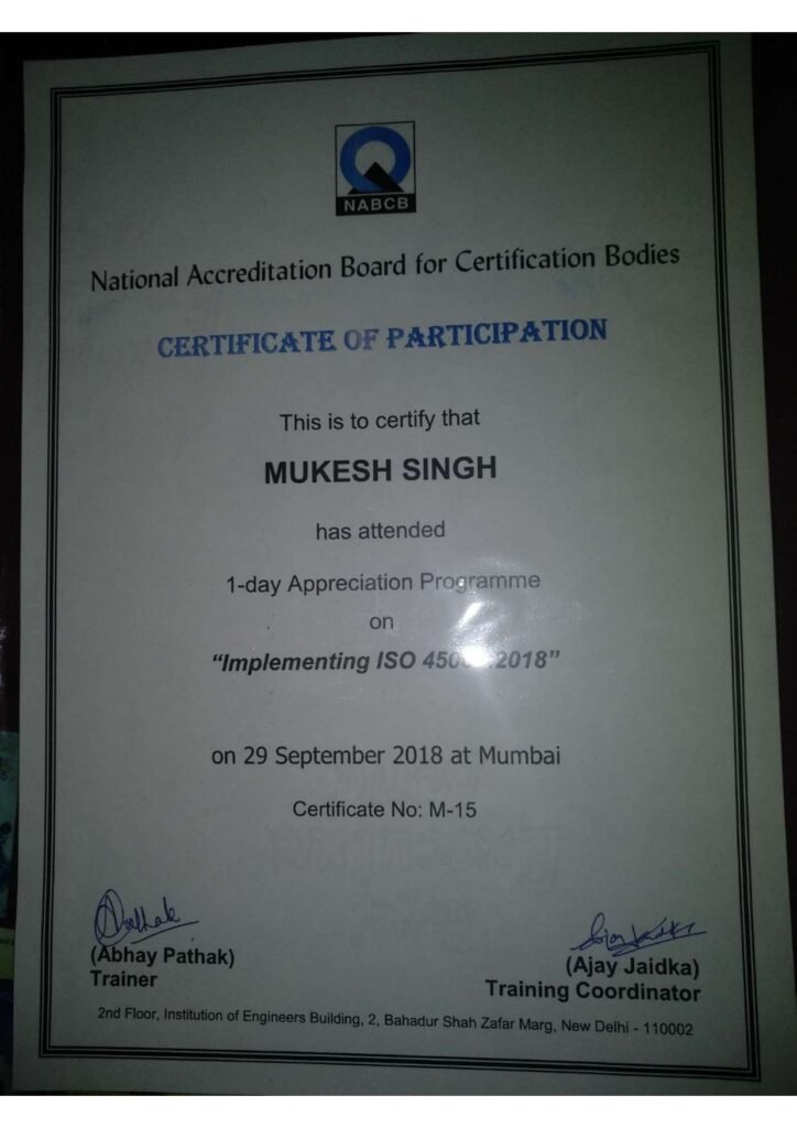 NABCB Certificate of Participation issued to Mukesh Singh for attending a 1-day Appreciation Programme on Implementing ISO 45001:2018 in Mumbai.
