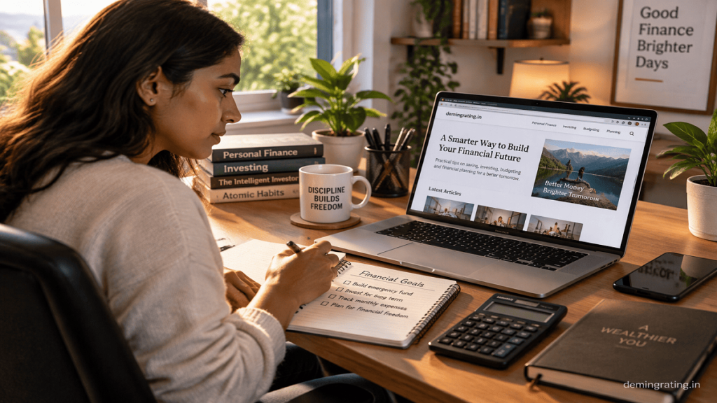 Finance Blogs Young professional reading a finance blog and taking notes in a modern home office.
