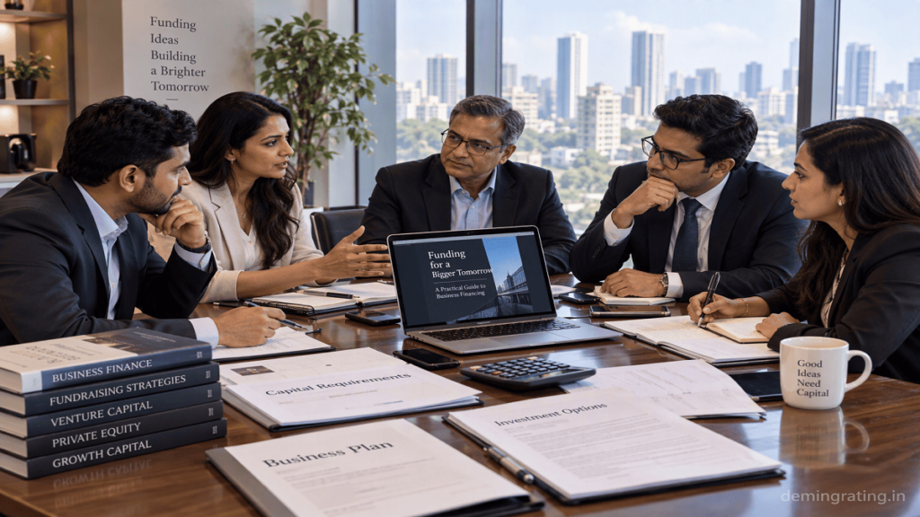 Funding Ebooks Indian business team discussing funding options and financial planning with a funding ebook