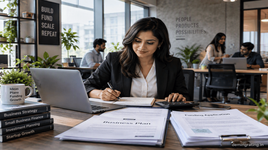 Funding Guides Entrepreneur preparing business funding documents and financial plans