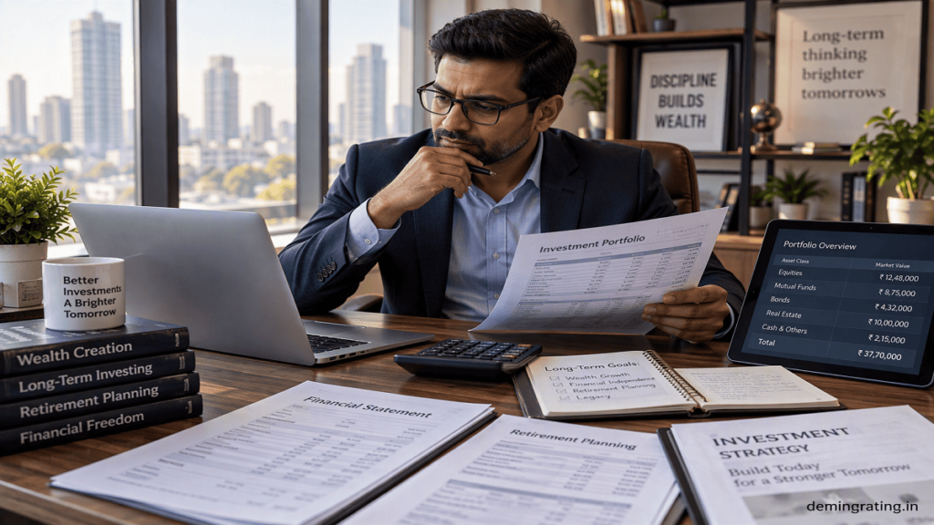 Investment Calculators Investor reviewing investment calculations and portfolio planning