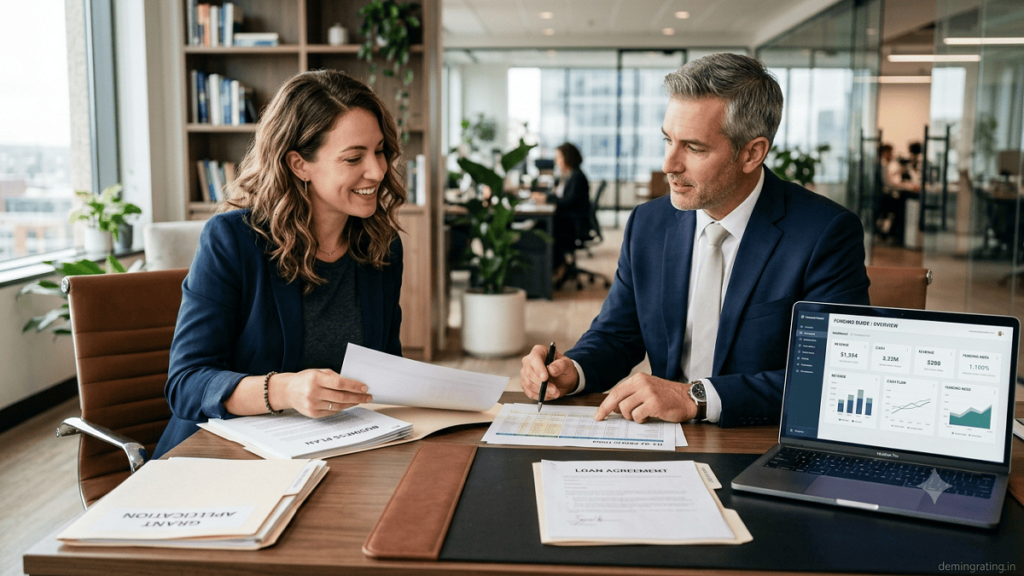 Business owner discussing funding options and financial documents with a financial advisor