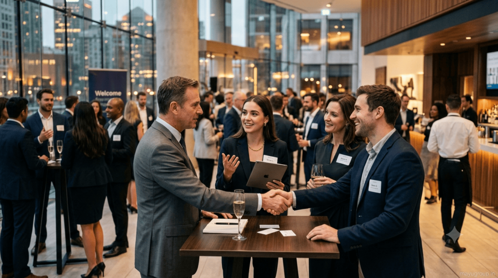 Networking Events Business professionals connecting and exchanging ideas at a corporate networking event.