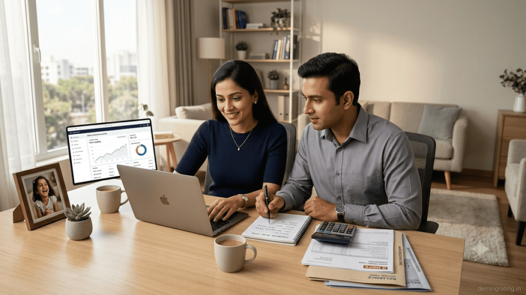 Indian couple reviewing personal finances, savings, investments, and financial goals at home