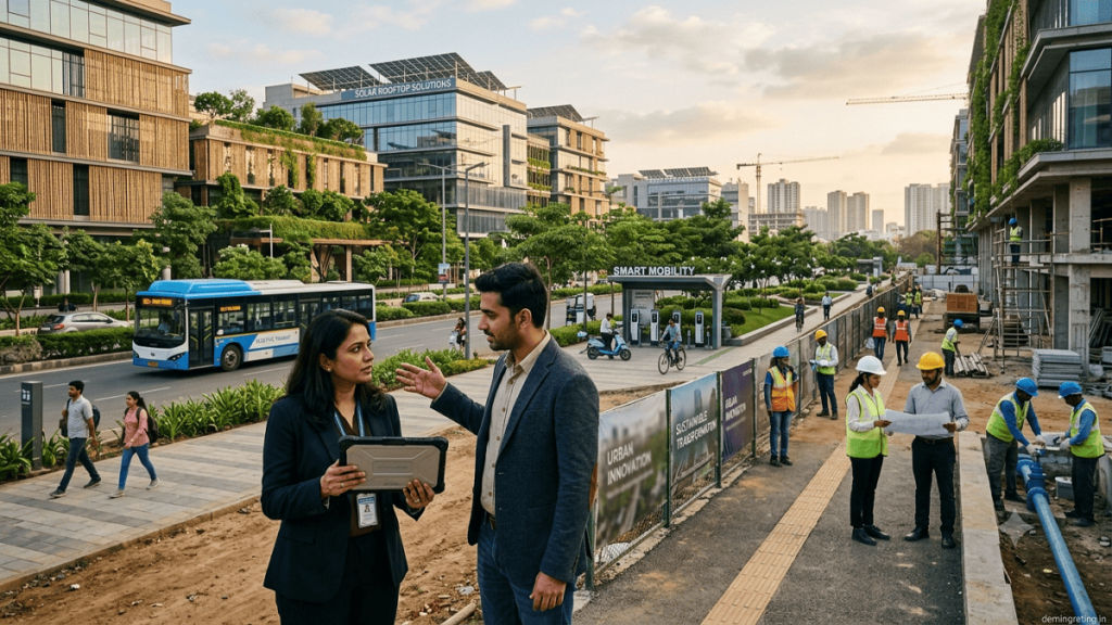 Urban planners, investors, and entrepreneurs discussing sustainable smart-city infrastructure and urban innovation funding.