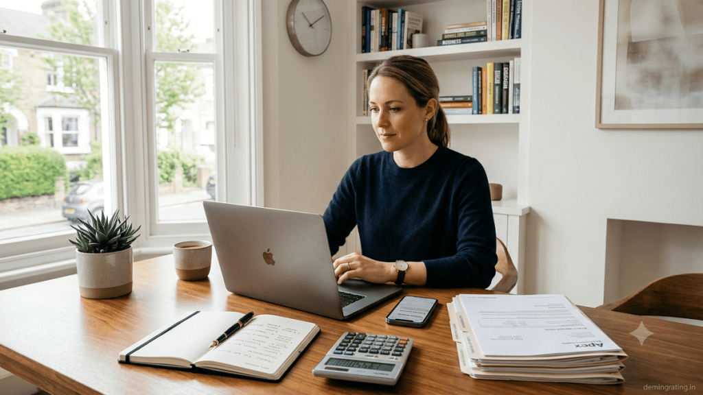 Freelancer reviewing financial documents and business funding options at a home office