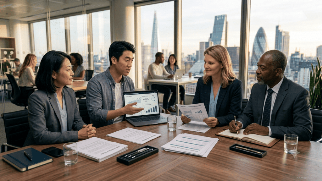 Startup founders presenting growth metrics to venture capital investors during a Series A funding meeting