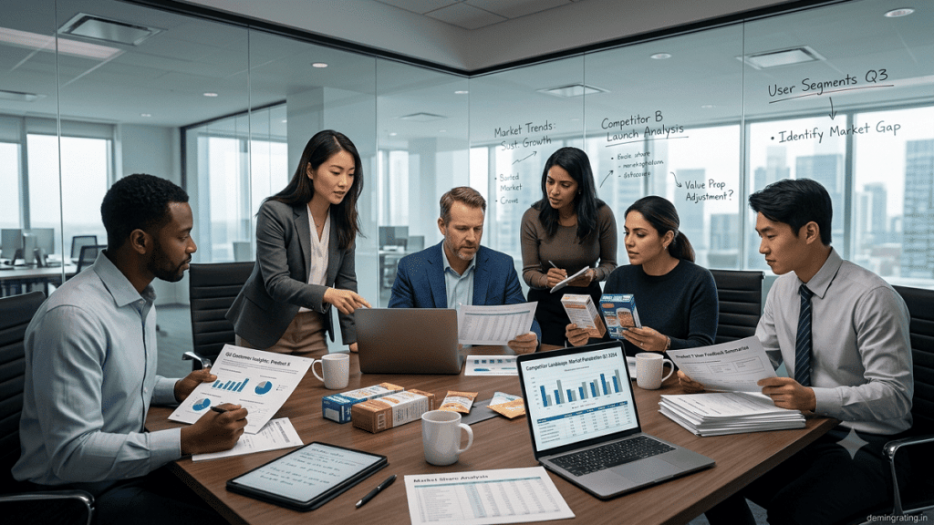 Business professionals analysing customer and market research data in a modern office.