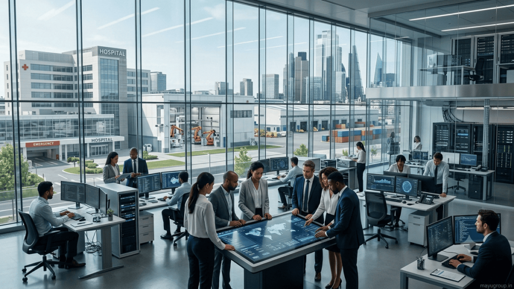 Business executives and technology specialists discussing digital transformation funding and technology investments in a modern office.