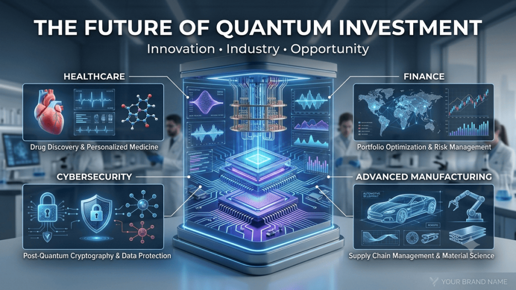 Quantum computing investment opportunities across healthcare, finance, cybersecurity, and advanced manufacturing.