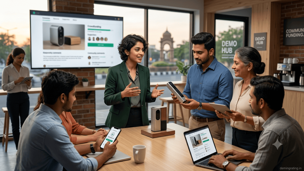 Entrepreneurs presenting a product during a crowdfunding campaign in a modern startup office
