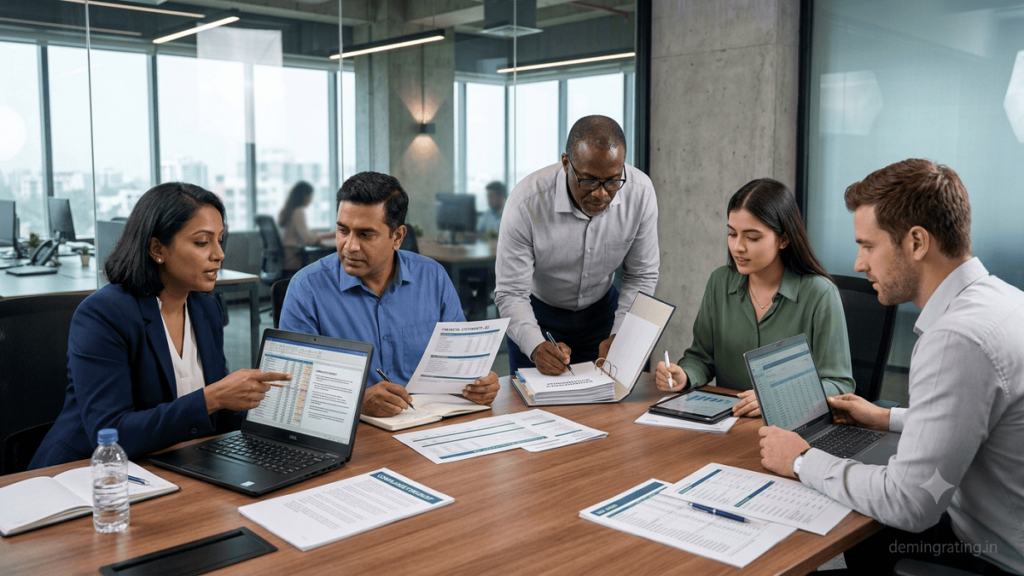 Tax & Compliance Finance professional reviewing tax and compliance documents in a modern corporate office