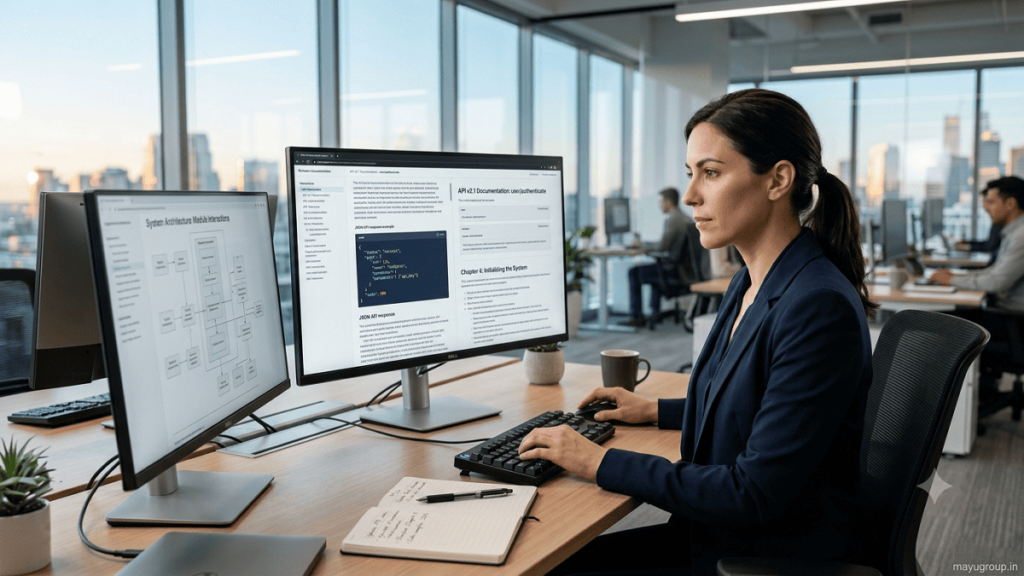 Professional technical writer creating software documentation in a modern office.