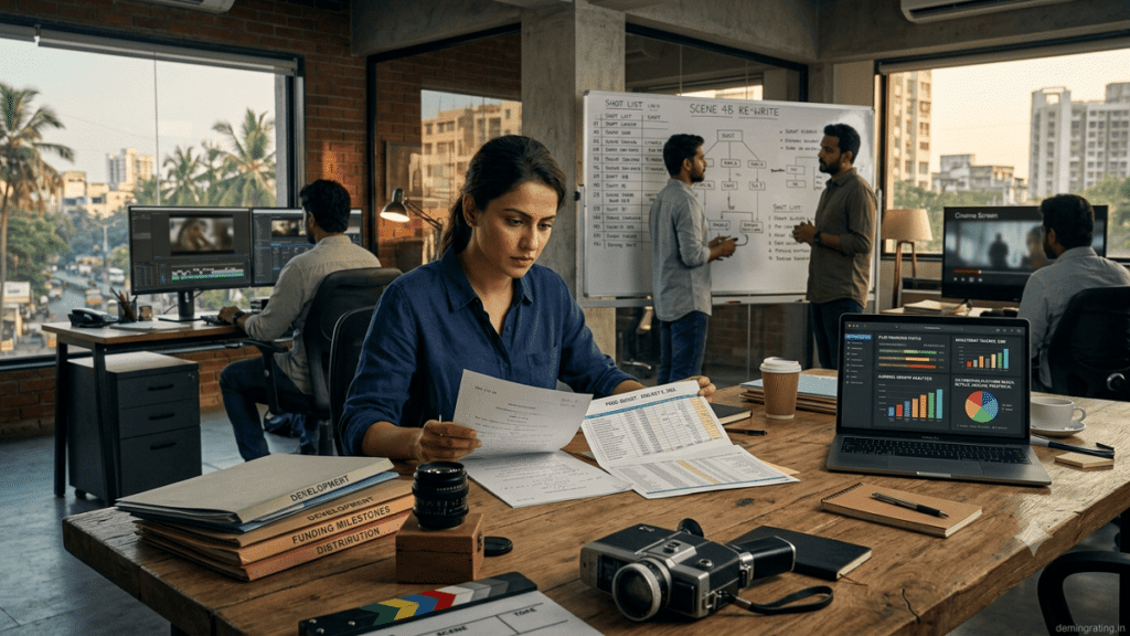 Film Production Funding Filmmaker reviewing a screenplay, production budget, investment analytics, and distribution opportunities in a modern production office.