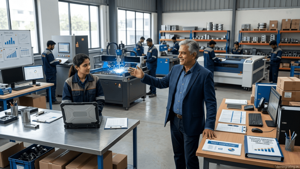 Veteran entrepreneur discussing business funding with a financial advisor in a modern office