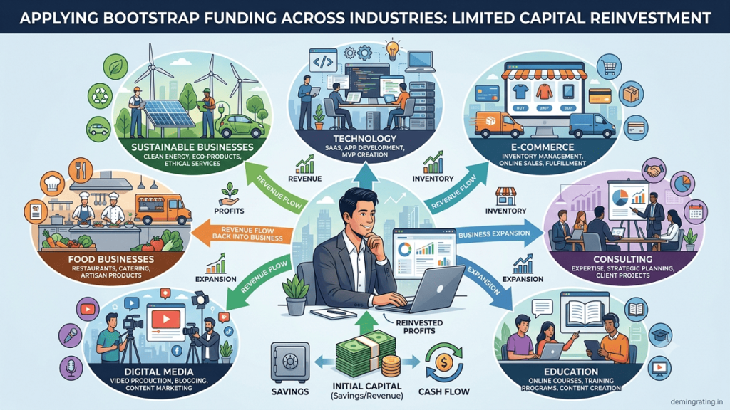 Bootstrap funding strategy showing an entrepreneur using personal savings and business revenue to support startup growth across multiple industries.