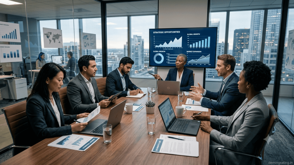 Business development professionals discussing growth strategies, market expansion, and strategic partnerships in a modern corporate office.