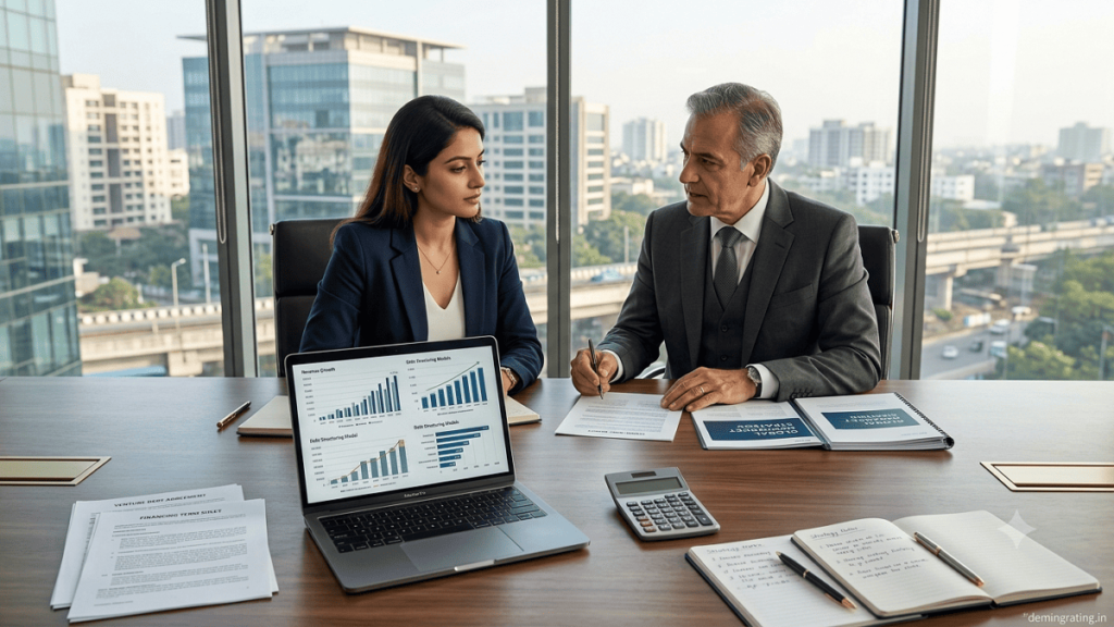 Venture debt financing discussion between a startup founder and financial advisor in a modern corporate office.