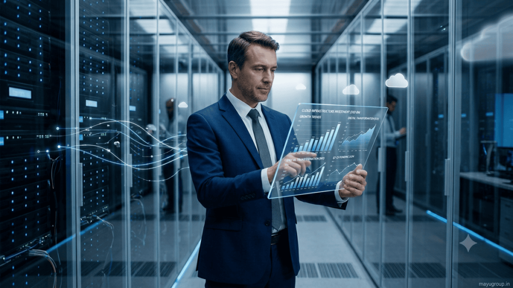 Cloud computing investment in modern data center infrastructure and digital technology.