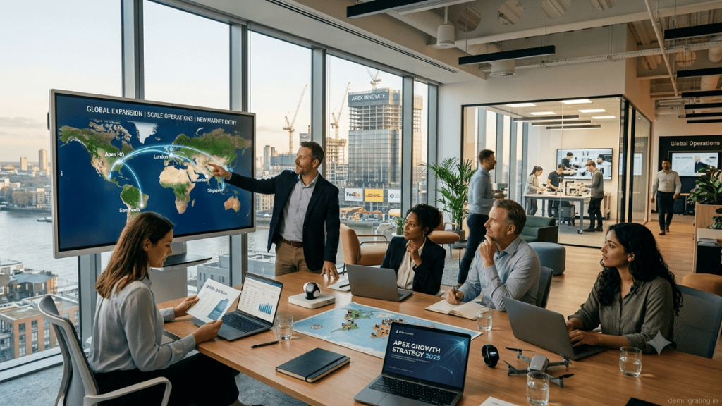 Business executives discussing growth capital and strategic expansion in a modern corporate office.