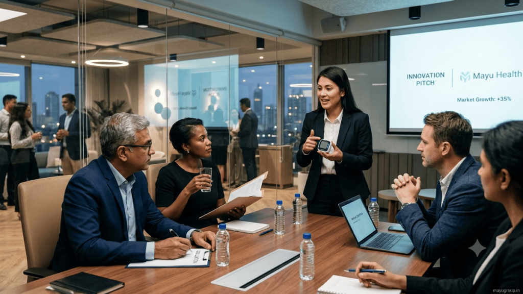 Pitch Competitions Startup founder presenting a business idea to investors and judges at a pitch competition.