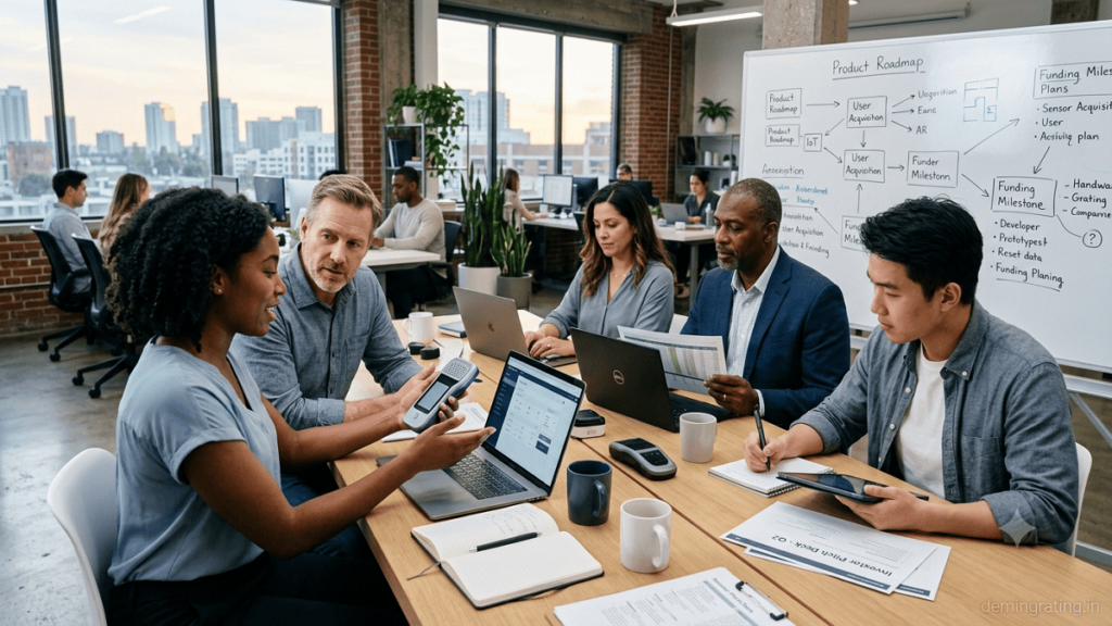 Startup founders receiving mentorship and incubator funding support in a modern business incubator.