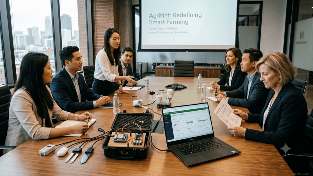 IoT startup founders presenting connected device technology to investors during a funding meeting.