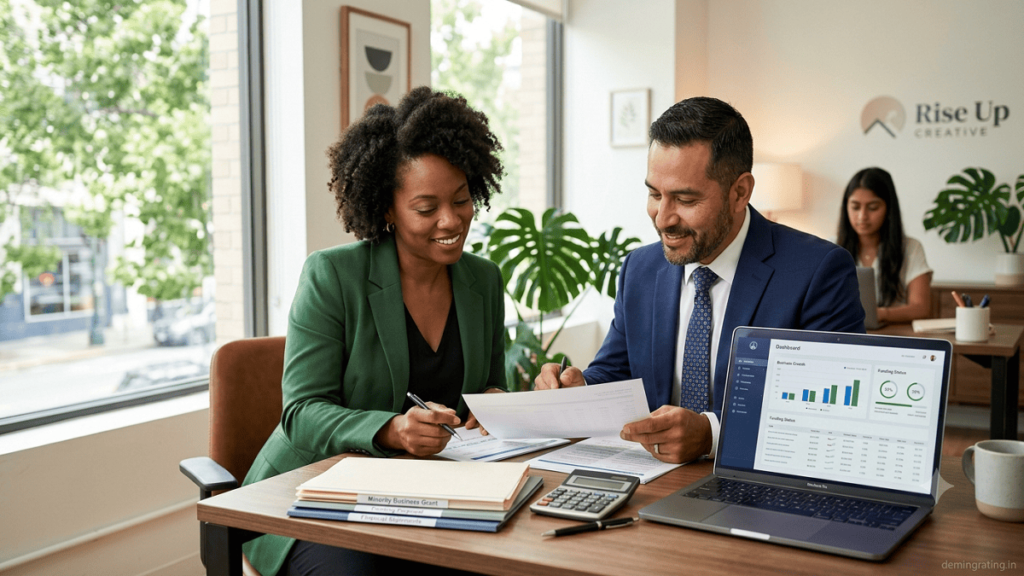 Minority entrepreneur reviewing expansion plans for a growing business with a financial professional.
