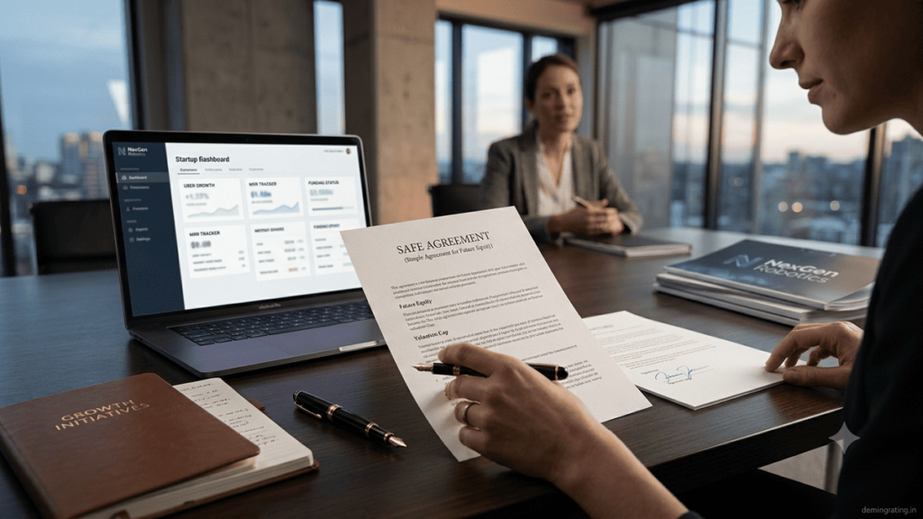 Agreements Startup founder and investor reviewing and signing a SAFE Agreement during an early-stage funding discussion.