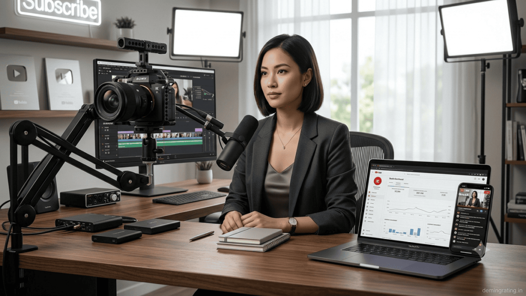 YouTube creator working in a professional studio with camera equipment and screens representing creator funding and channel monetization.