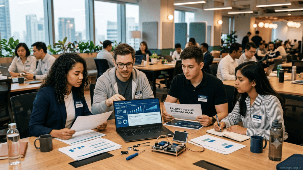 Startup founders presenting a pre-seed funding pitch to investors in a modern boardroom