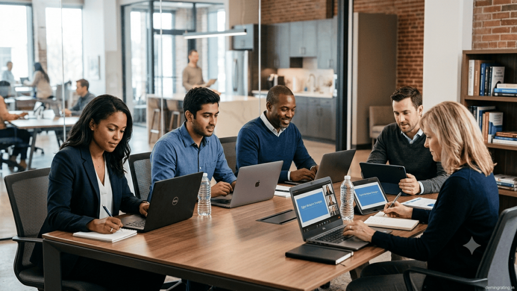 Digital creators working in a modern studio with equipment, financial planning documents, and growth analytics representing creator economy funding.