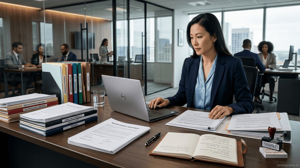 Business executive and legal professional reviewing a contract in a modern office