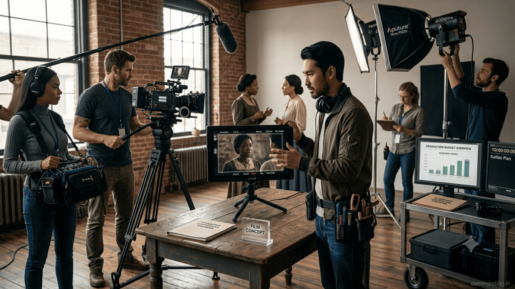 Independent film production team working on a movie set with cameras, lighting equipment, actors, and financial planning materials.