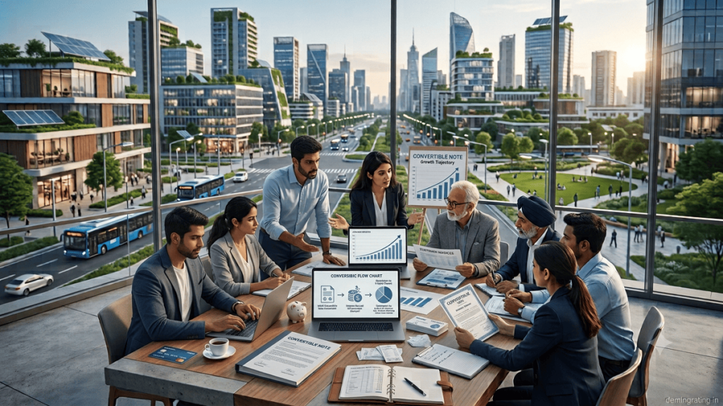 Convertible Notes Convertible Note financing process showing startup investment, valuation terms, and conversion into equity shares.