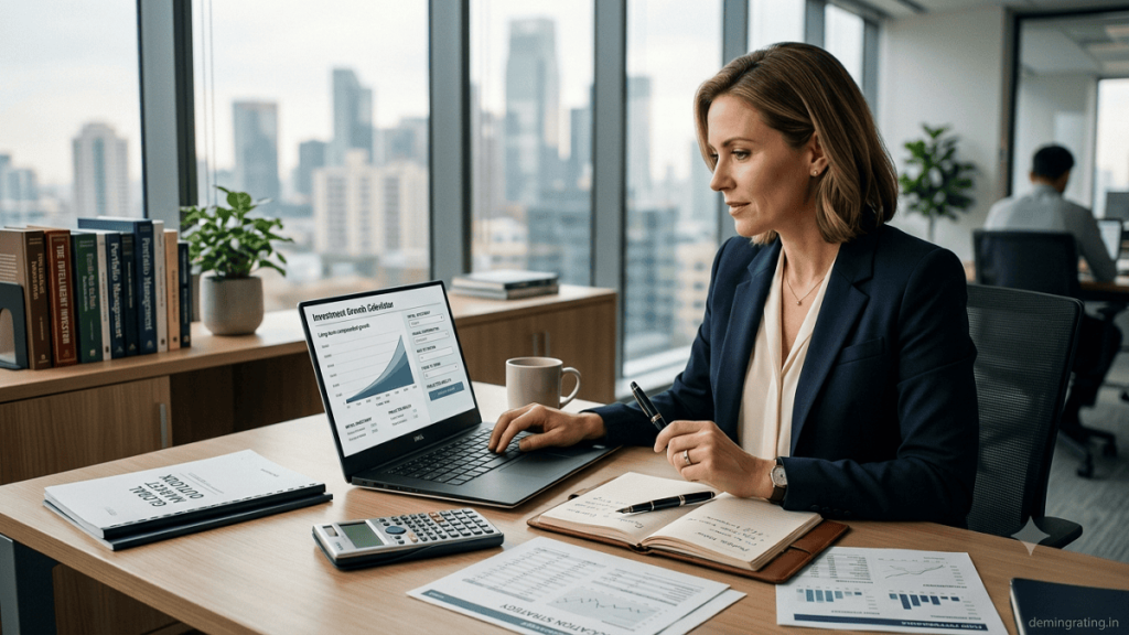 Investor using an investment calculator to plan long-term financial goals