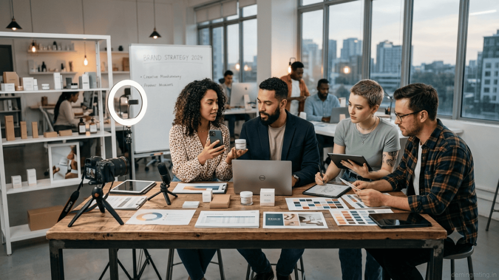 Influencer planning a startup business and reviewing funding resources in a modern workspace