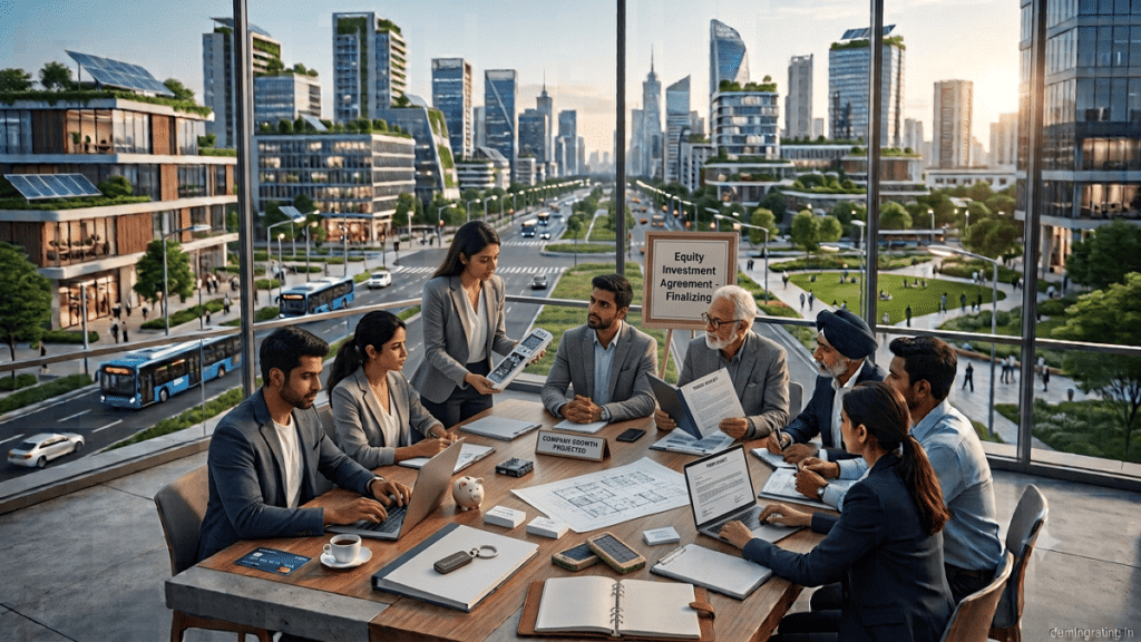 Startup founder presenting a product to investors during an equity financing meeting