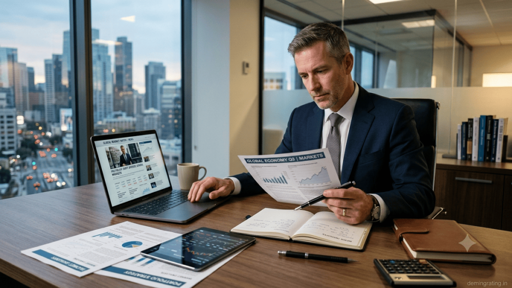 Investor researching financial news and market reports on a laptop Title: Investment News and Financial Research