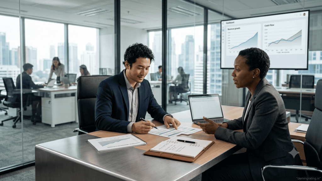 Venture debt financing discussion between a startup founder and financial advisor in a modern corporate office.
