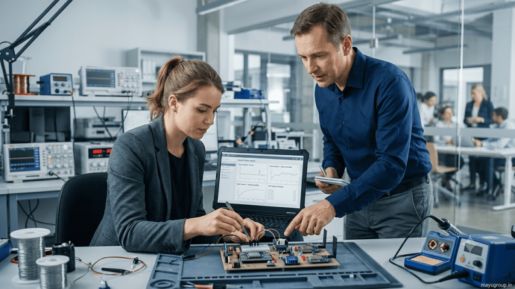 Engineer developing and testing an IoT hardware prototype in a technology laboratory.