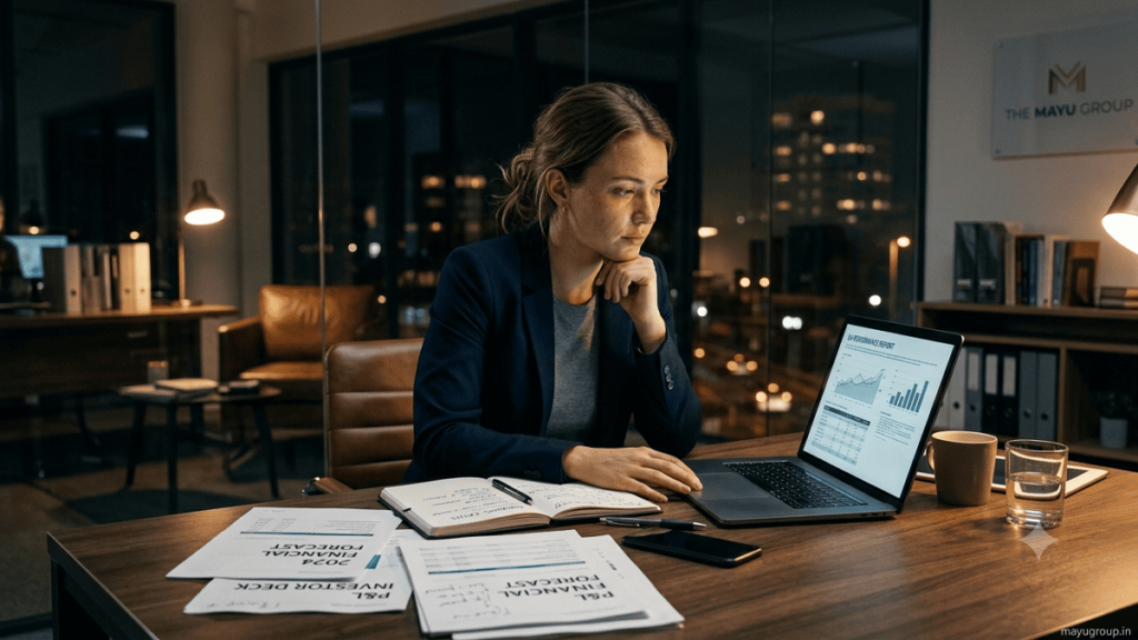 Startup founder reviewing financial reports and business challenges at an office desk.