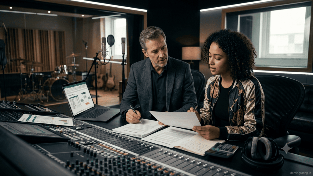 Music label executive and recording artist discussing investment and artist development in a professional recording studio.