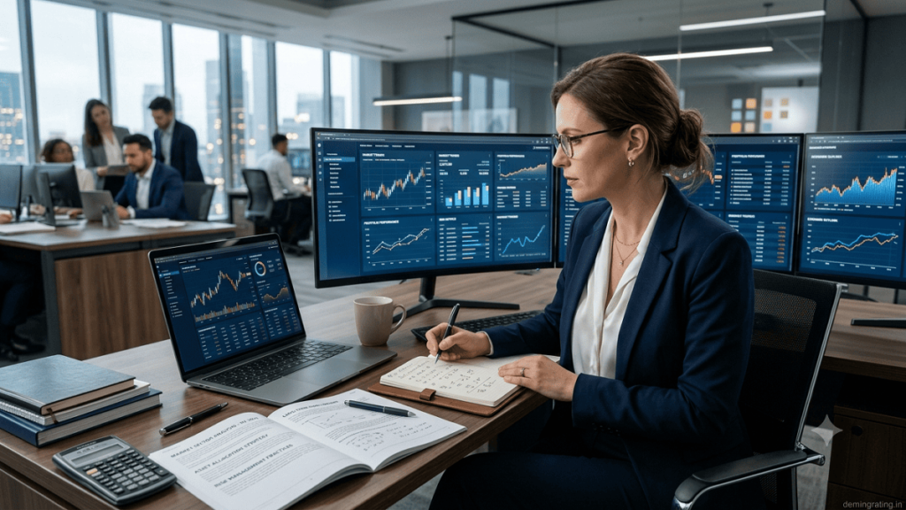 Beginner learning investment concepts using financial research and market information on a laptop