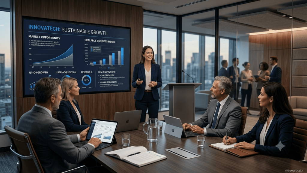 Entrepreneur presenting a startup pitch to investors during an investor meetup focused on funding opportunities.